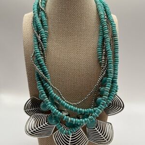 Lucky Brand Turquoise Multi-Strand Beaded Necklace with Silver Leaf Accents
